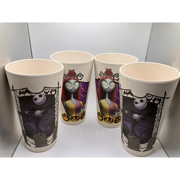Set Of 4 Disney Nightmare Before Christmas Jack Sally Tan Plastic Drinking Cups - Picture 2 of 7